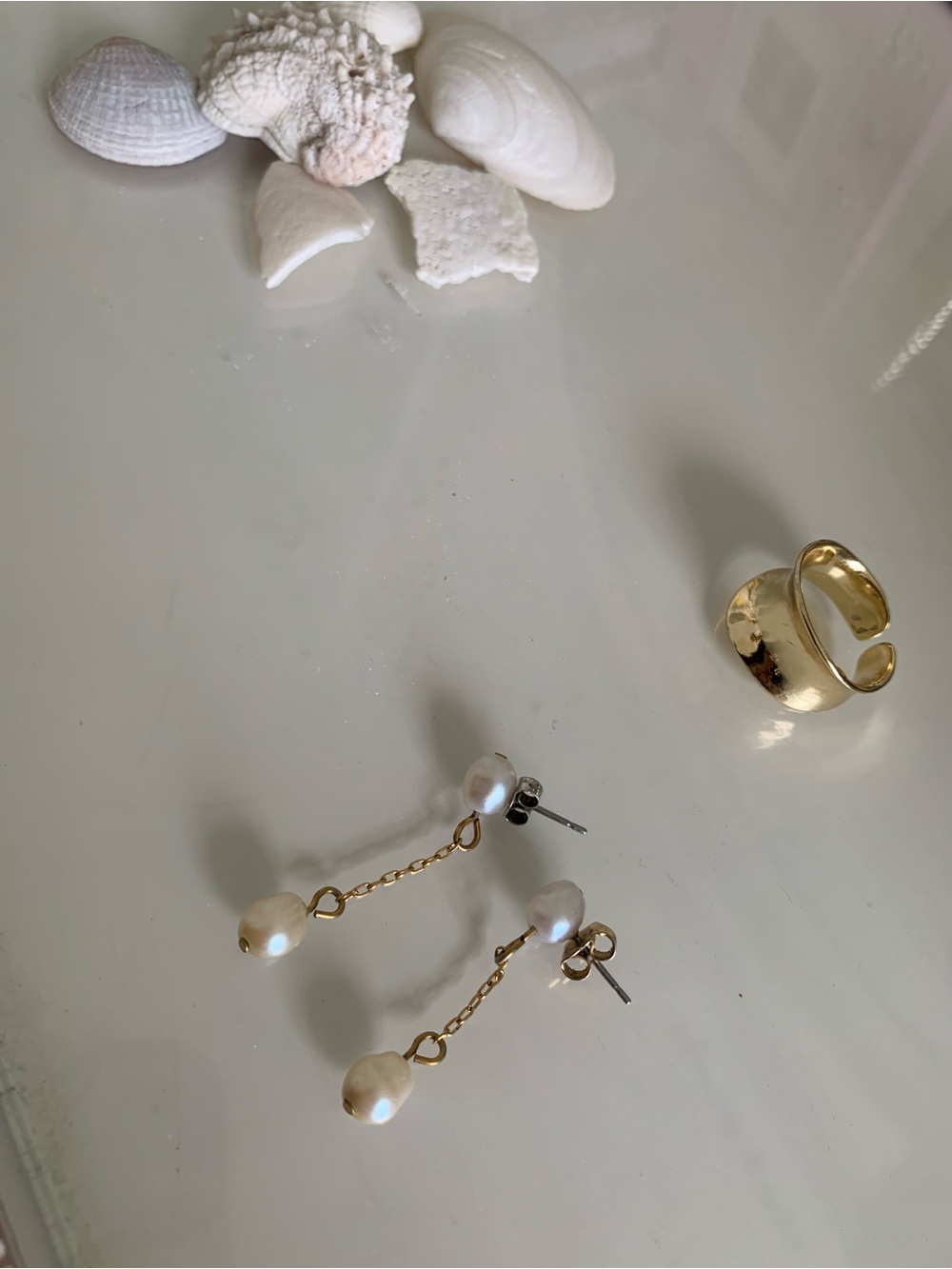 Gold Pearl Drop Chain Earrings - Elegant White Pearl Dangles And the ring - Picture 1 of 3